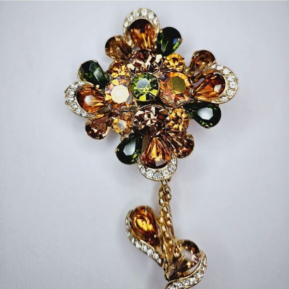 Vintage Large Rhinestone Amber Floral Flower Brooch Pin Juliana Weiss Kramer - Picture 8 of 16